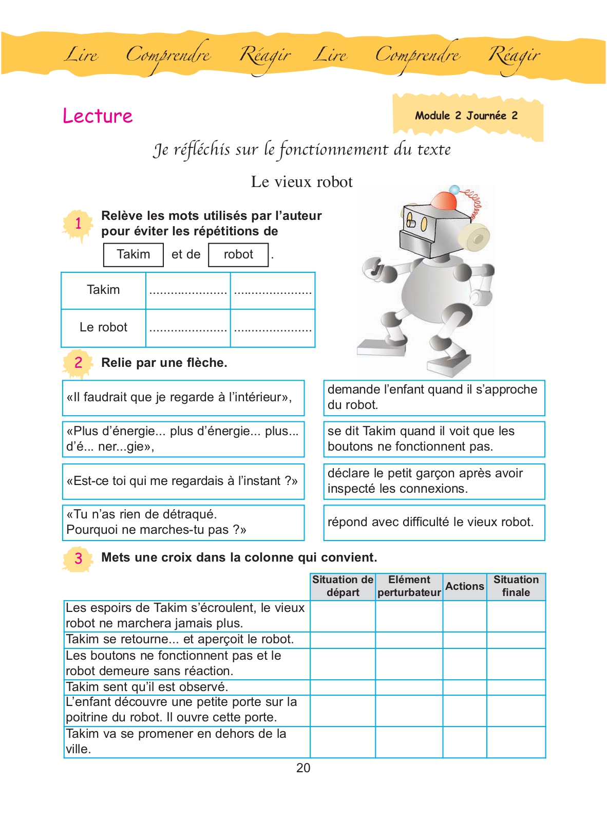 Cahier d'activités, page 20 : « Je réfléchis sur le fonctionnement du texte » — Le vieux robot